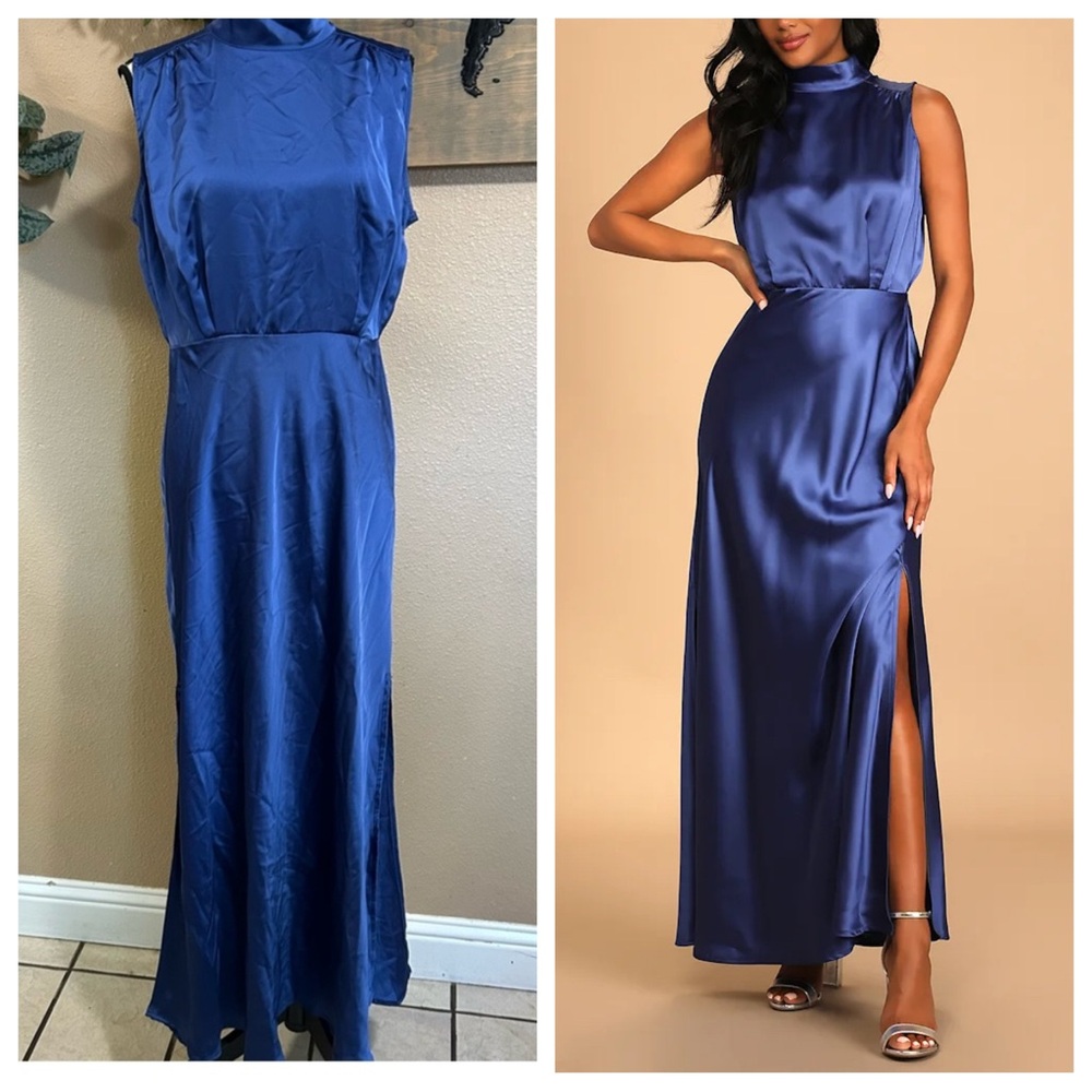 Classic Elegance Blue Satin Sleeveless Mock Neck Maxi Dress